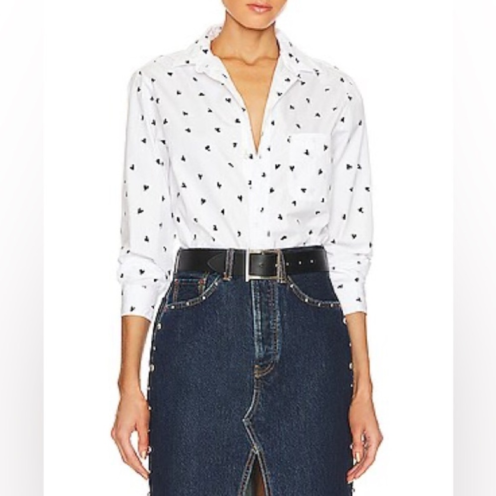 FRANK & EILEEN Silvio Woven Button Up in White & Black Hearts Size XS - Picture 2 of 10